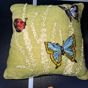 Embroidered Green Butterfly Accent Pillow